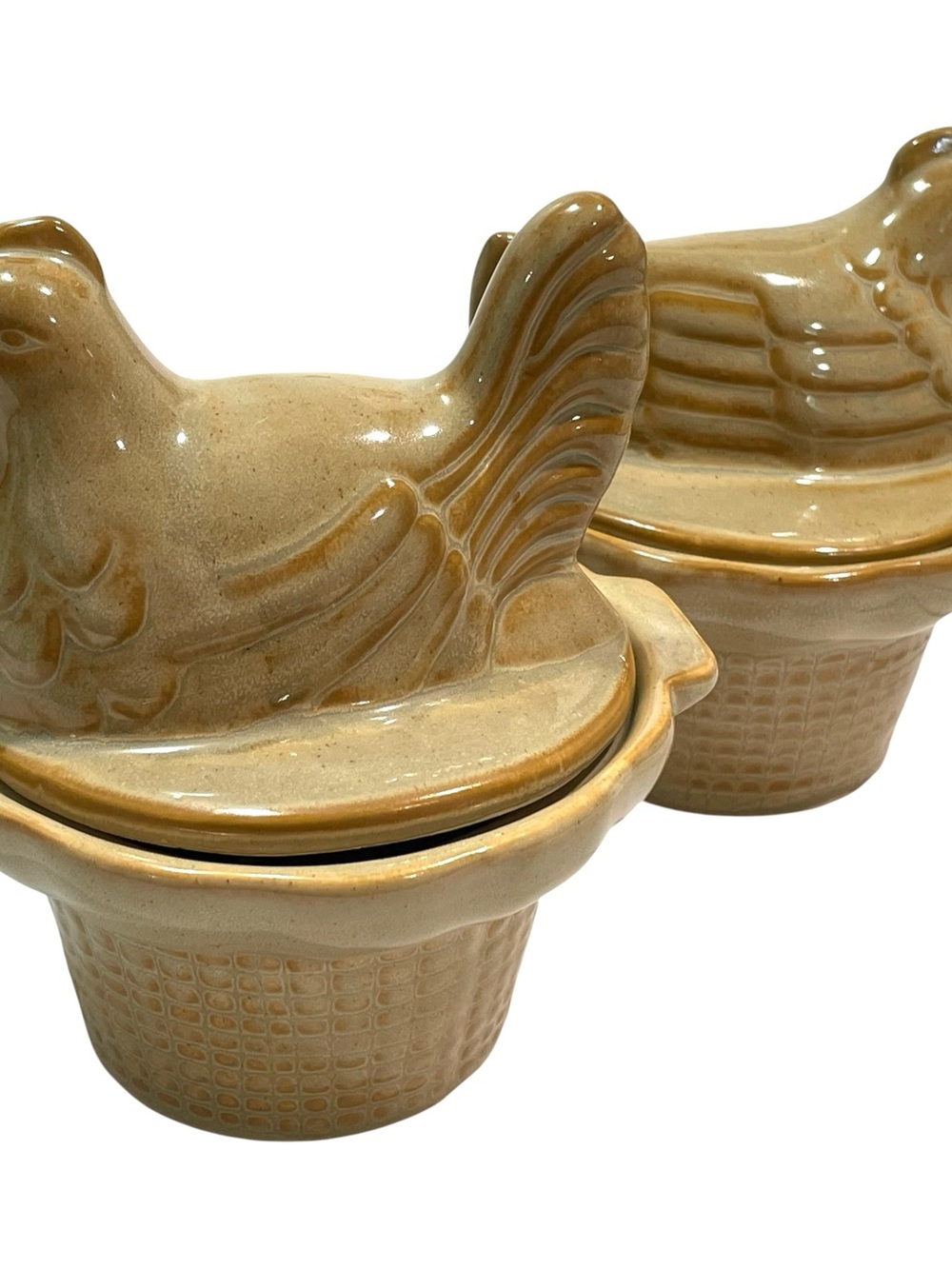 Vintage 1990s Ceramic Nesting Chicken and Quail Lidded Dish (2) Weaving Basket
